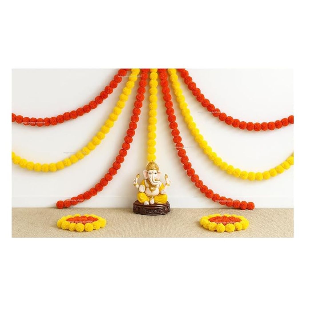 Artificial Fluffy Marigold Flower Garlands 3 Yellow + 3 Orange 6 Pieces