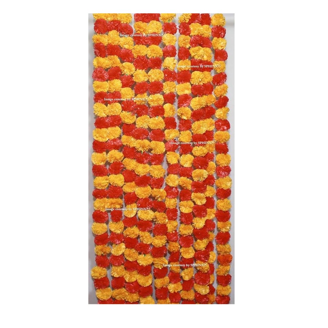 Artificial Marigold Flower Garlands Fluffy Marigold Strings Light Orange & Red 5 Pcs