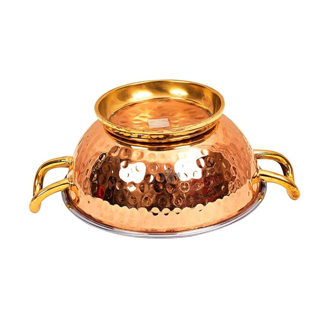 Indian Art Villa Steel Copper Hammered Design Kadhai Wok With Brass Bottom & Handles