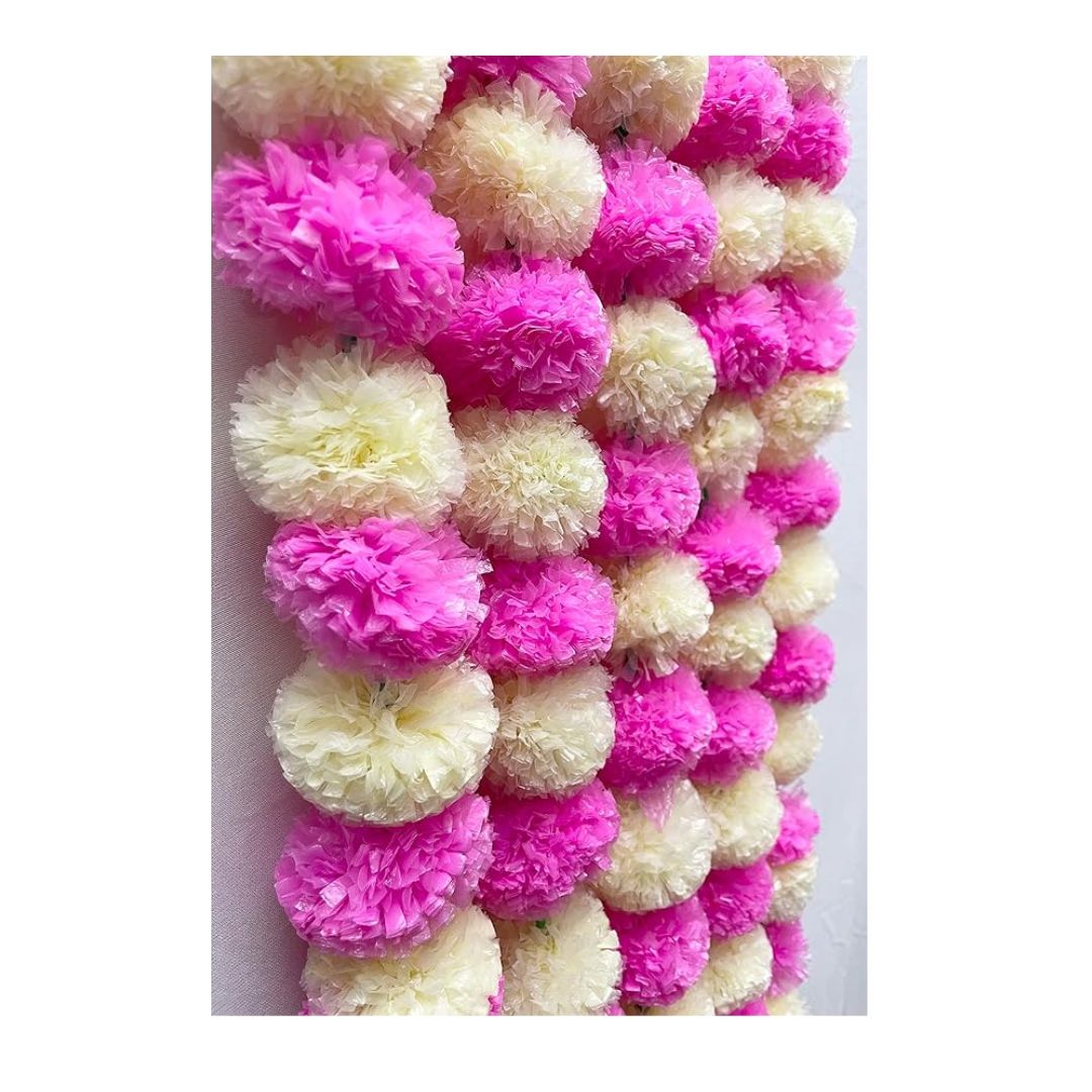 Artificial Marigold Fluffy Flowers Garlands Pack of 5 Cream and Baby Pink