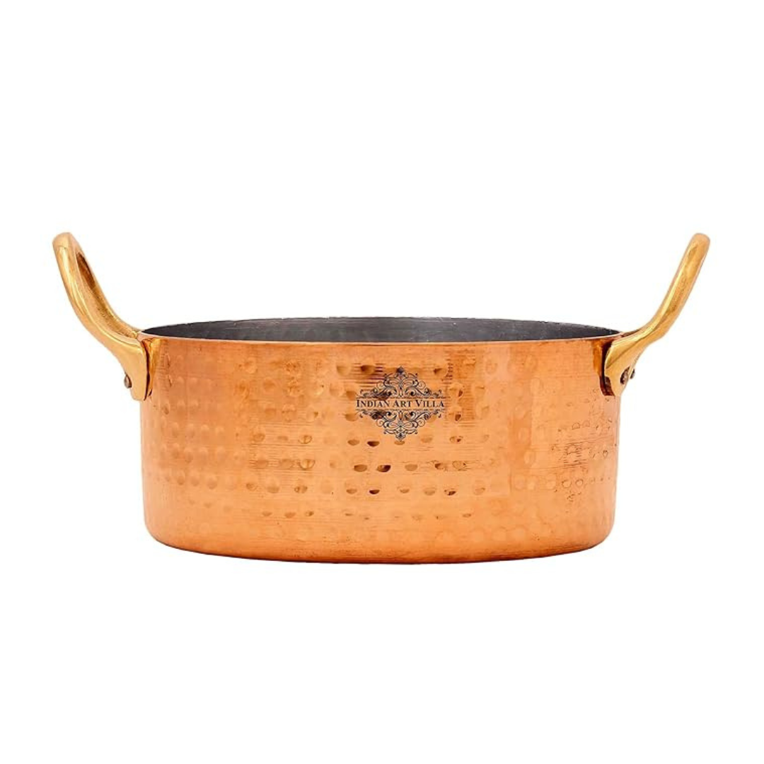 Indian Art Villa Copper Round Dish Pot with Inside Tin Lining & Brass Handle Diameter | 4.3 Inches