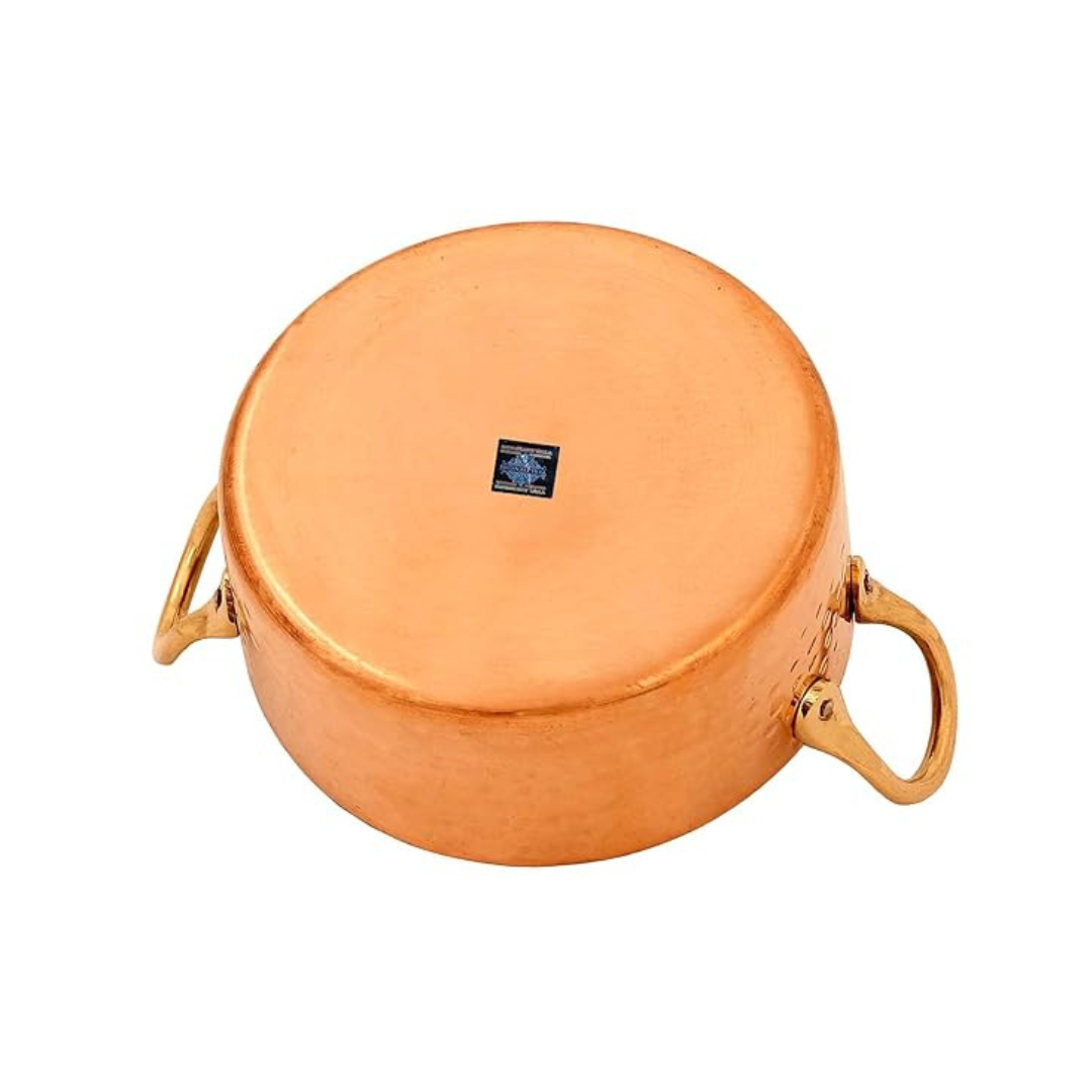 Indian Art Villa Copper Round Dish Pot with Inside Tin Lining & Brass Handle Diameter | 4.3 Inches