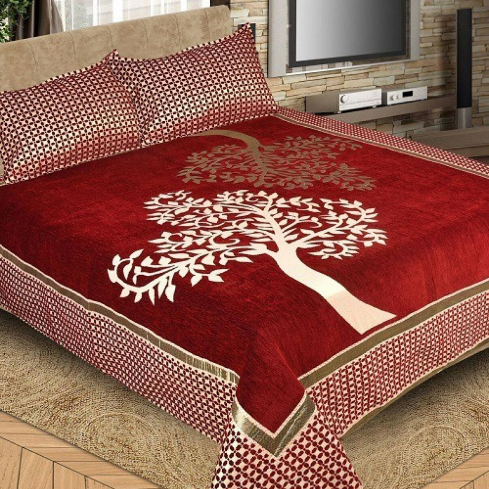 Fresh From Loom Chenille Velvet Floral 500 TC Heavy Bedsheet for Double Bed King Maroon Color with 2 Pillow Covers Tree Maroon