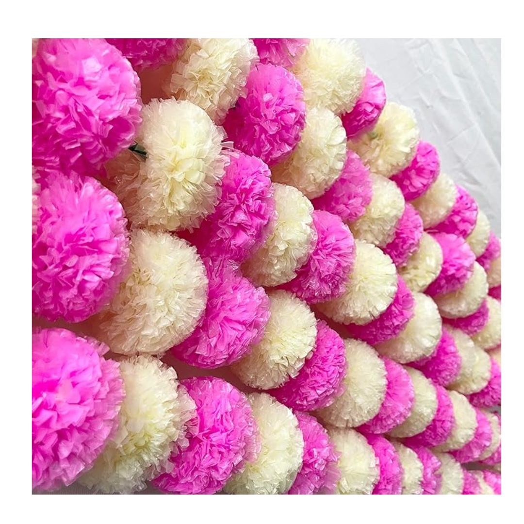 Artificial Marigold Fluffy Flowers Garlands Pack of 5 Cream and Baby Pink