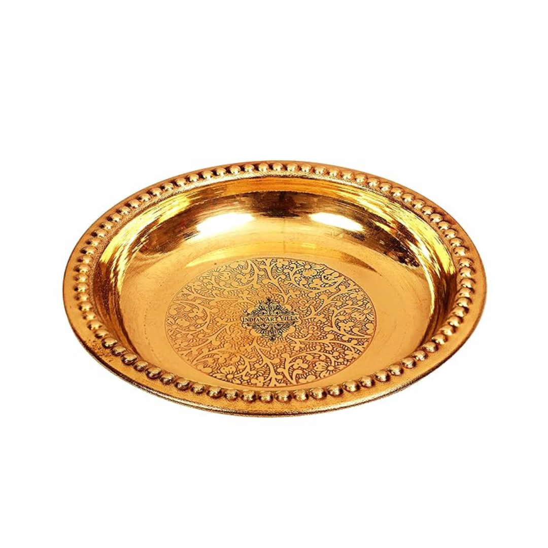 Indian Art Villa Embossed Design Brass Rice Plate Pudding Plate Diameter 4.5