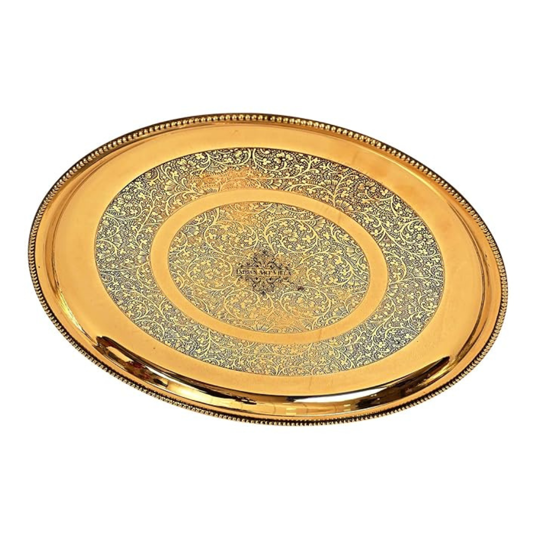 Indian Art Villa Brass Double Ring Floral Design Plate Diameter 12