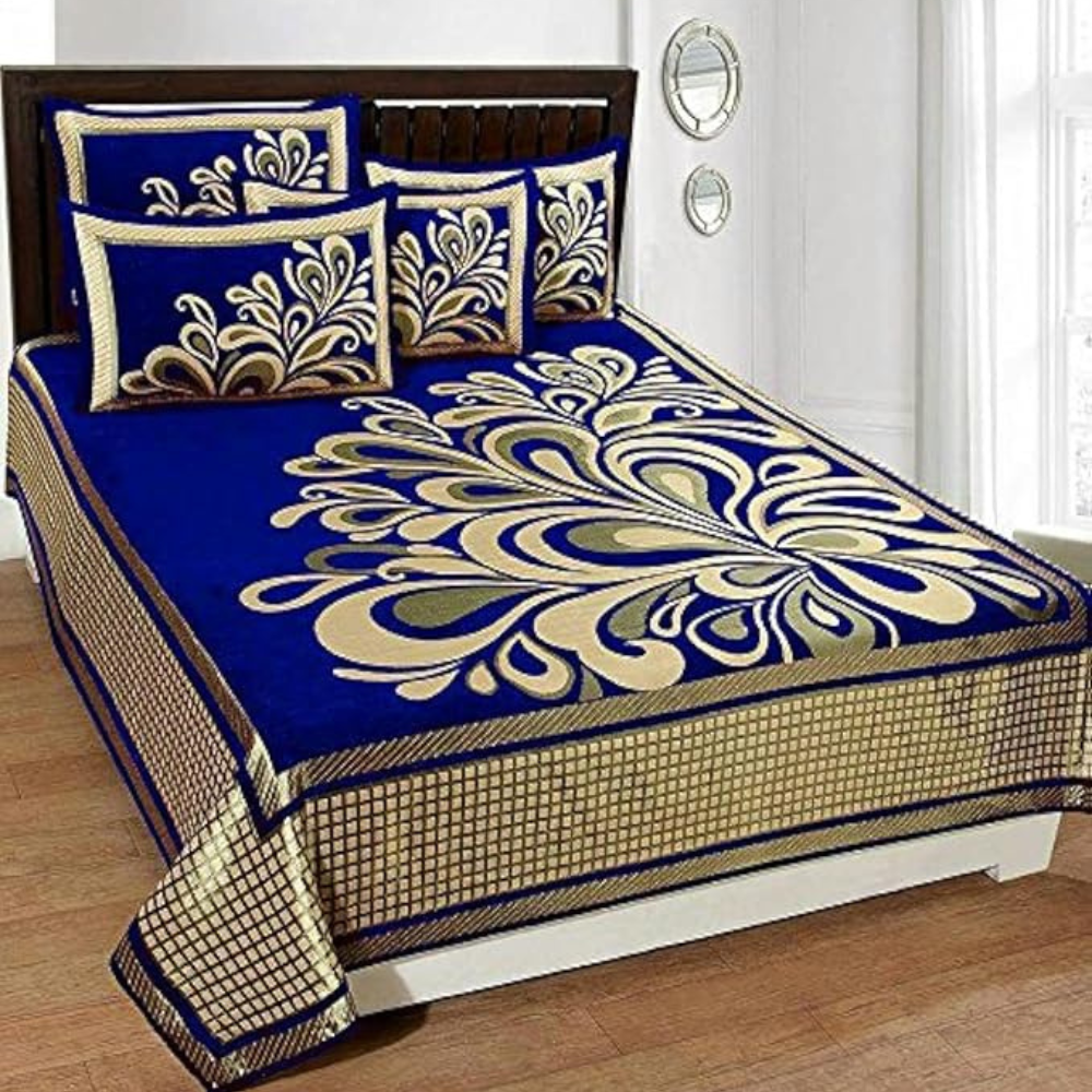 Fresh From Loom Chenille Velvet 500 TC Bed Cover 1 Double Bed King Size Bedsheet with 2 Pillow Cover Rangoli Blue