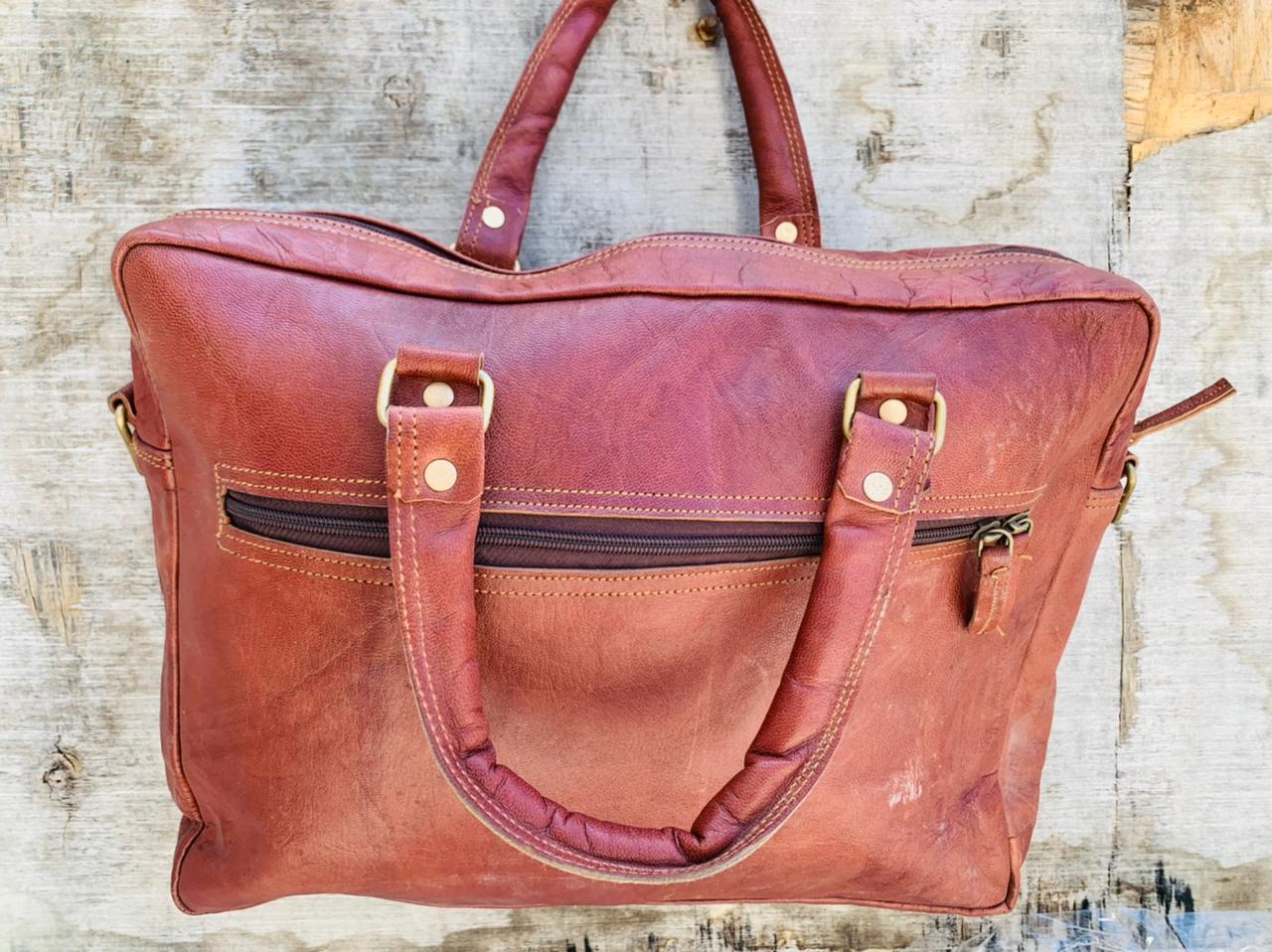 Craftshades – 15″ Double Strip Handcrafted Briefcase Goat Leather Bag (Brown) | 100% Genuine Leather