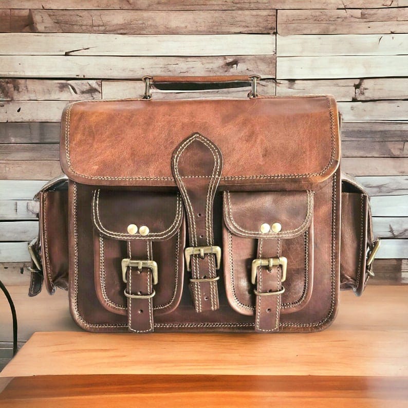 Craftshades – 11*15 Inch Double Pocket Handcrafted Vintage Messenger Goat Leather Bag For Men | 100% Genuine Leather