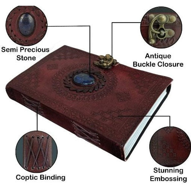 Craftshades – Metal Lock Single Stone Brown Embossed Design 7″5 Handcrafted Leather Journal/Diary 200 page | 100% Genuine Leather