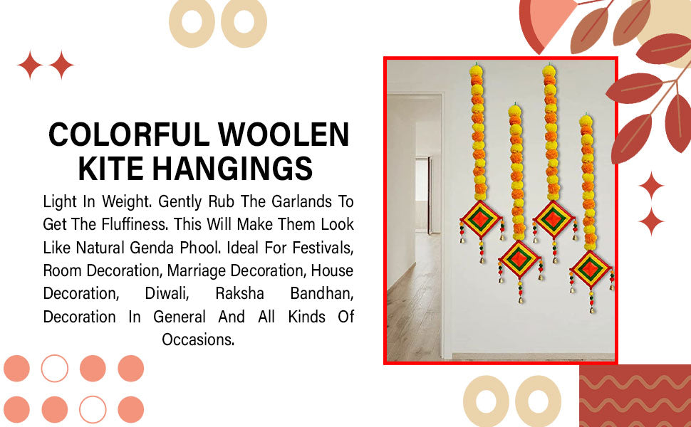 Handmade Artificial Marigold Fluffy Flowers Colorful Woolen Kite Bells Hangings 39 Inches Pack of 6