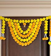 Handmade Artificial Marigold Fluffy Flowers Colorful Woolen Kite Bells Hangings 39 Inches Pack of 6