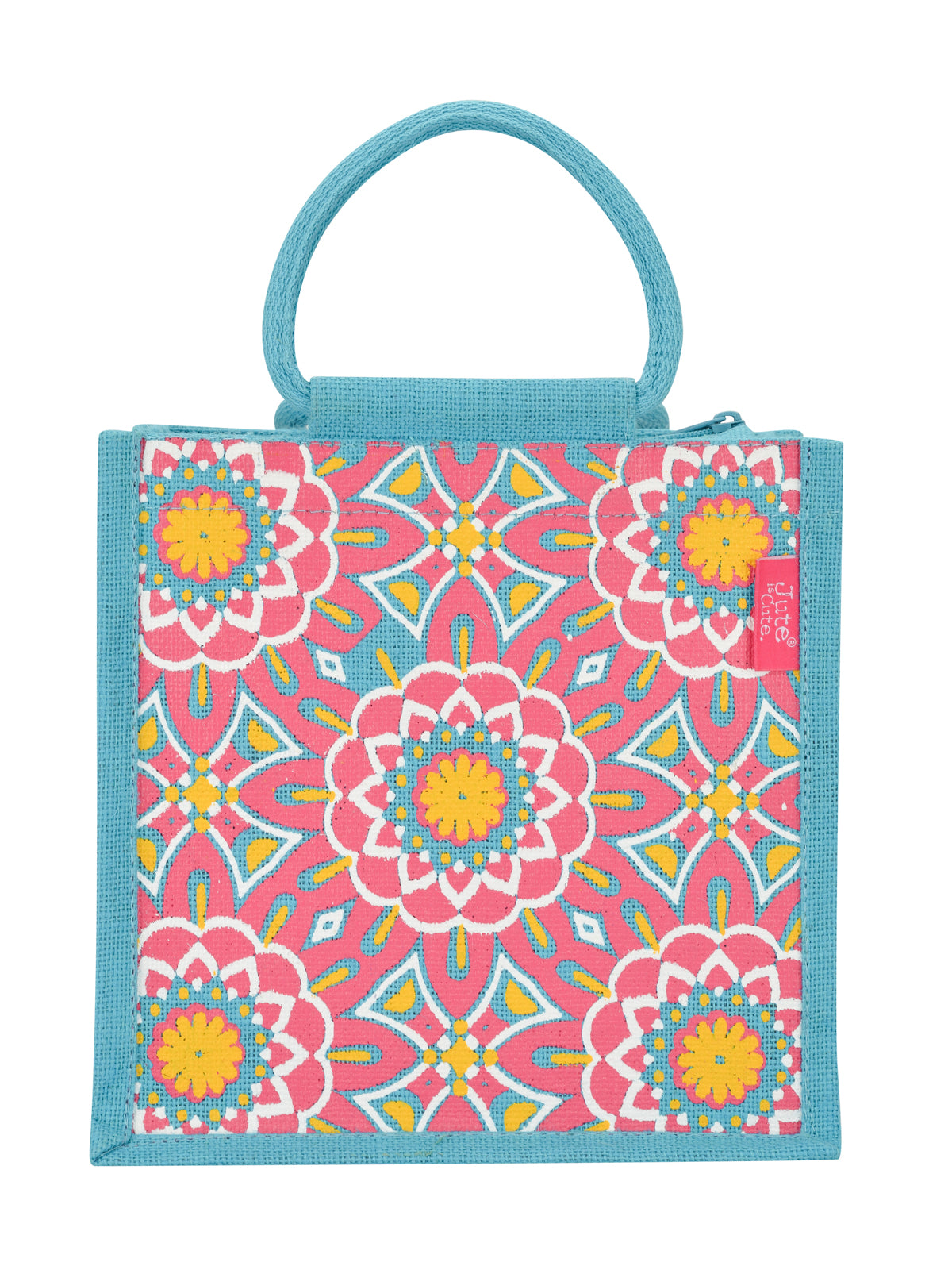 Jute Cottage Mughal Print Zipper Lunch Bag 100% Genuine Jute Bag