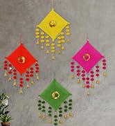 Handmade Artificial Marigold Fluffy Flowers Colorful Woolen Kite Bells Hangings 39 Inches Pack of 6