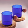 UMAI Pack of 2: Borosilicate Glass Coffee Mugs with Wooden Handle | 120ml | Blue