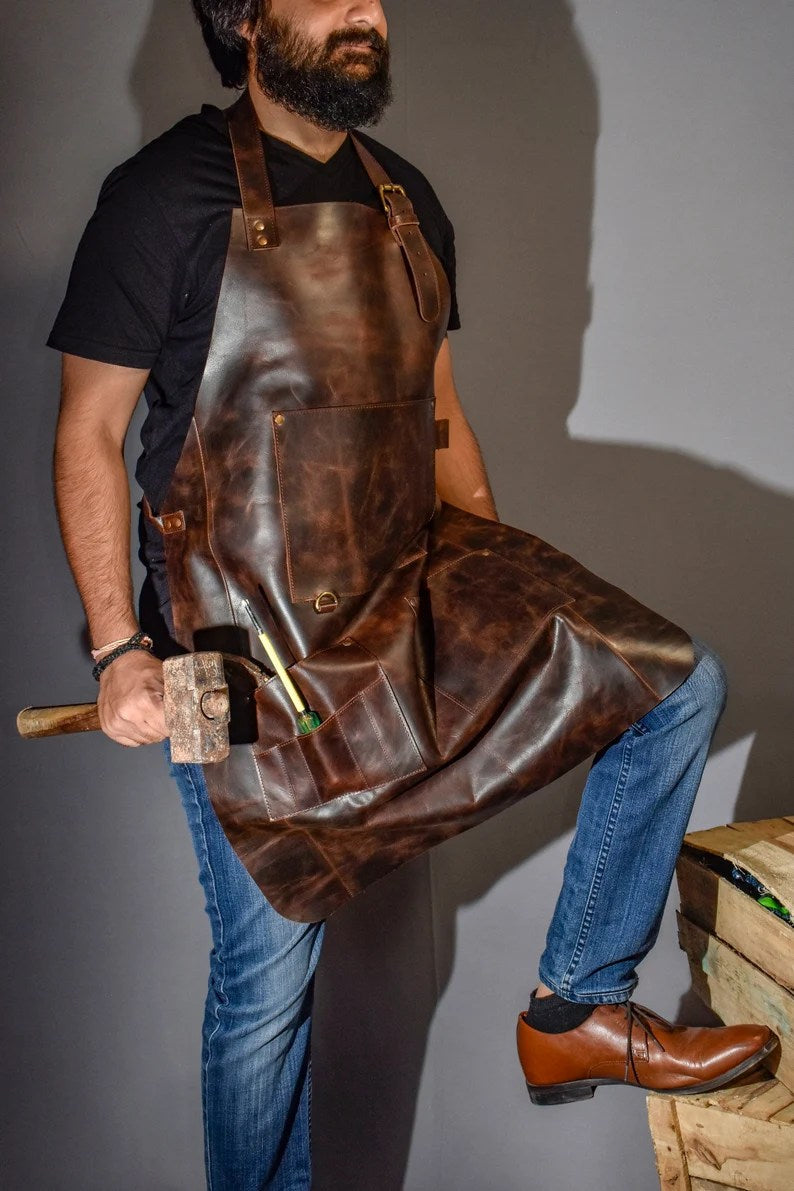 CraftShades Leather apron for men Personalized apron blacksmith apron black leather woodworking apron with pockets strap apron Valentines gift for him