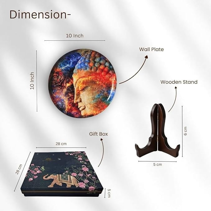 Ritualistic Iron With Enamel Work Mango Wood Stand Buddha Single Wall Plate 10 Inch With Stand wall Arts