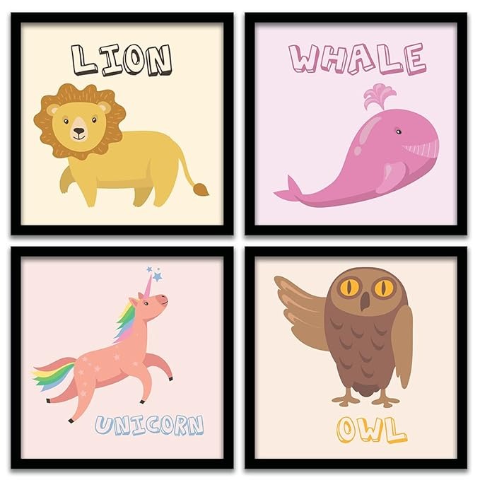 Kotart Educational Animal Frames for Kids Room Wall Decor Set of 4