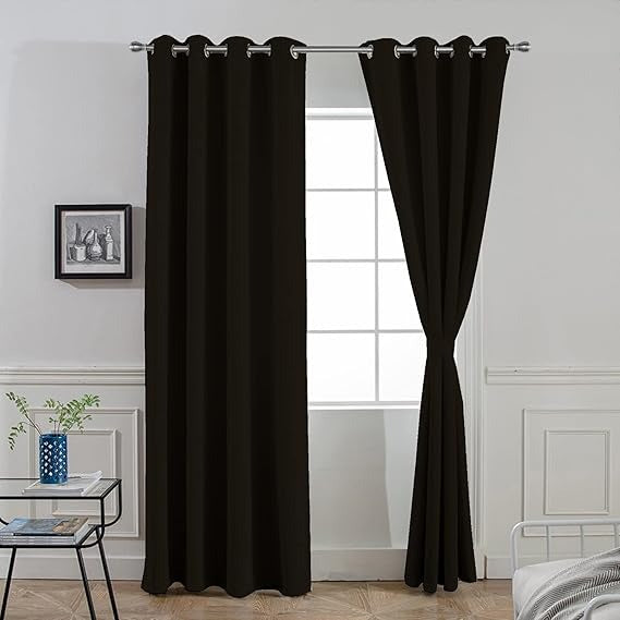 Divine Casa Super Satin Blackout Door Curtains 7 Feet Colour Jet Black Solid Silky Panels for Full Light Block Thermal Insulation & Privacy (Pack of 2)