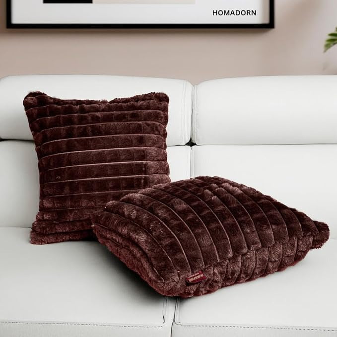 Homadorn Luxury Plush Fur Reversible Cushion Cover Ultra Soft & Cozy Brown