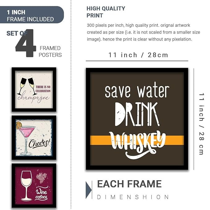 Kotart Save Water Framed Wall Posters for Bar Kitchen Restaurant Set of 4