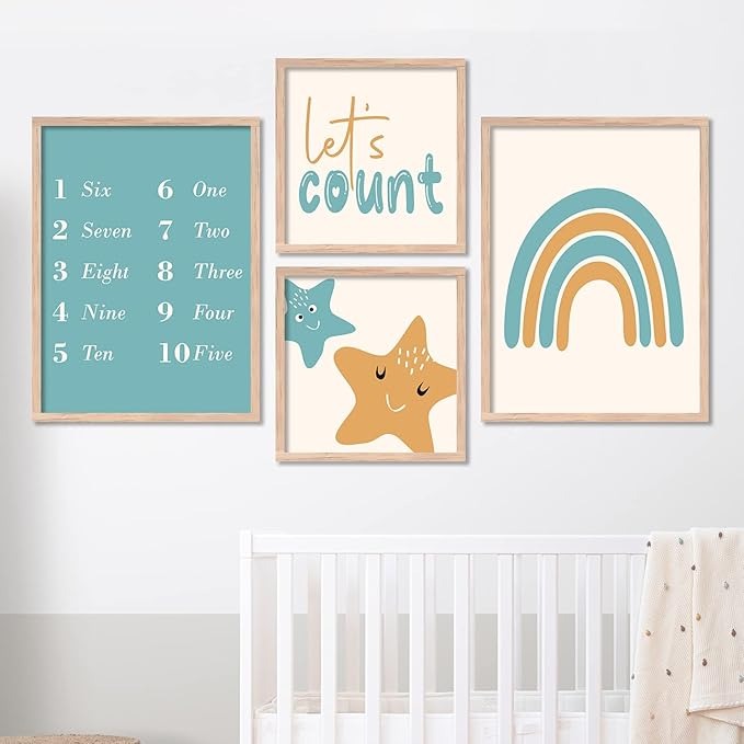 Kotart Educational Lets Count Paintings with Frame for Kids Room Decor Framed Wall Posters Set of 4