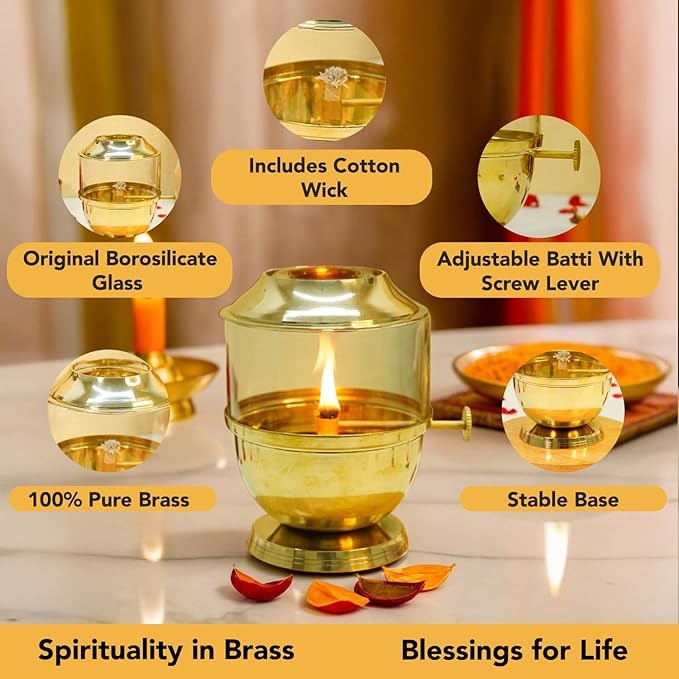 Ekhasa Pure Brass Akhand Jyot Diya with Adjustable Bati Knob Wick Lifting Screw Lever Glass Cover Large