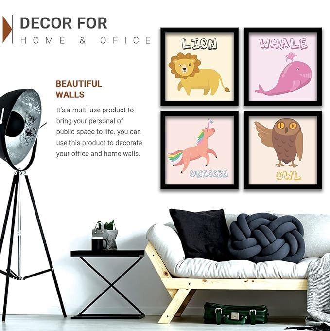 Kotart Educational Animal Frames for Kids Room Wall Decor Set of 4