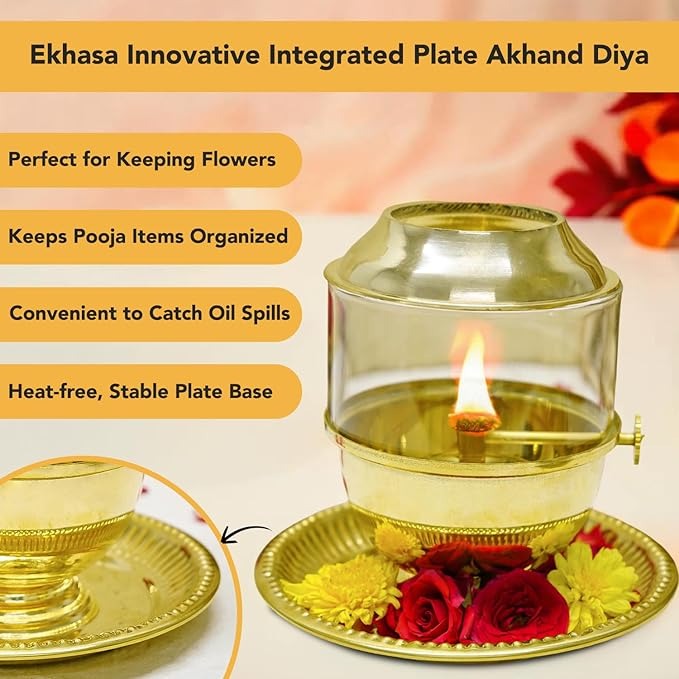 Ekhasa Pure Brass Akhand Jyot Diya with Adjustable Bati Knob Wick Lifting Screw Lever Glass Cover  Large with Plate