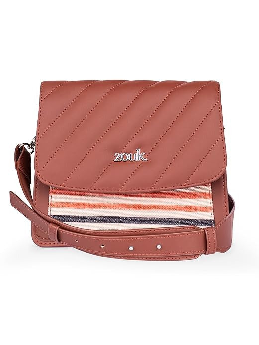 Zouk Vegan Leather & Jute Flap Closure Beyond Basic Sling Bag For Women's Girls