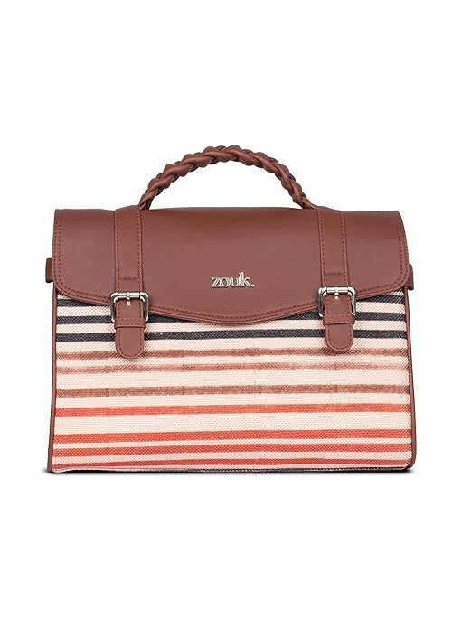 Zouk Women's Konkona Heritage Satchel Bag Jute & Leather