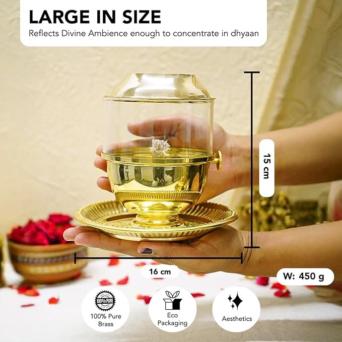 Ekhasa Pure Brass Akhand Jyot Diya with Adjustable Bati Knob Wick Lifting Screw Lever Glass Cover  Large with Plate