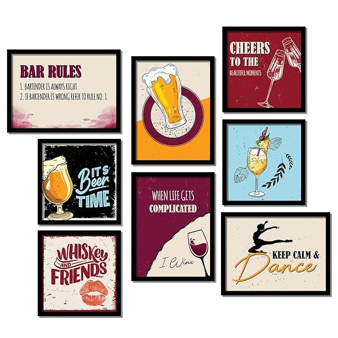 Kotart Paper Bar Rules Framed Wall Posters for Bar Kitchen Restaurant Set of 8