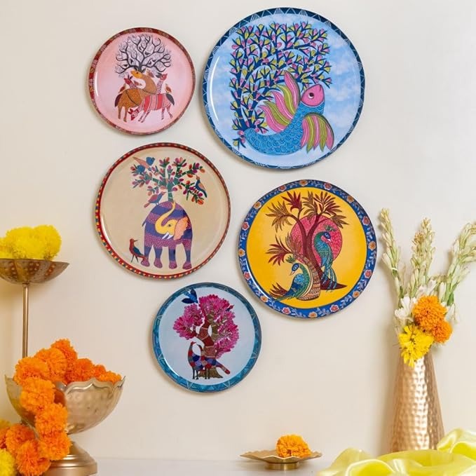 Ritualistic Gondh Wall Plates Wall Decor Set of 5 Plates