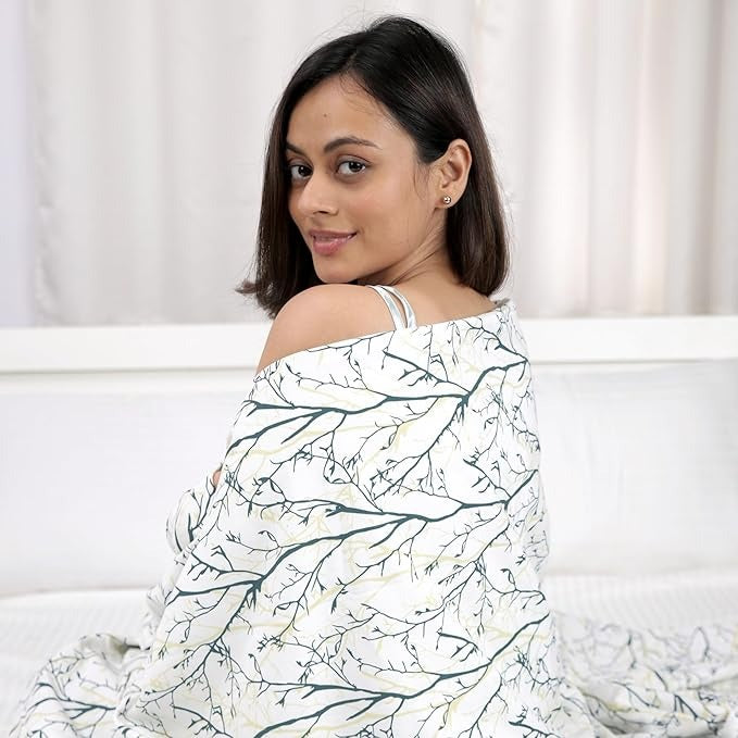 Divine Casa 120 GSM Microfiber Double Dohar Soft & Lightweight Throw Blanket Floral Branches Pattern Colour Teal & White