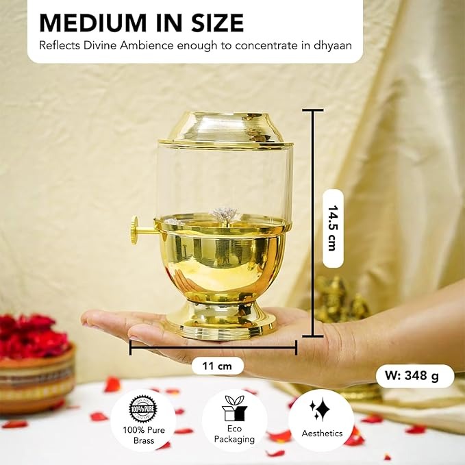 Ekhasa Pure Brass Akhand Jyot Diya with Adjustable Bati Knob Wick Lifting Screw Lever Glass Cover Medium