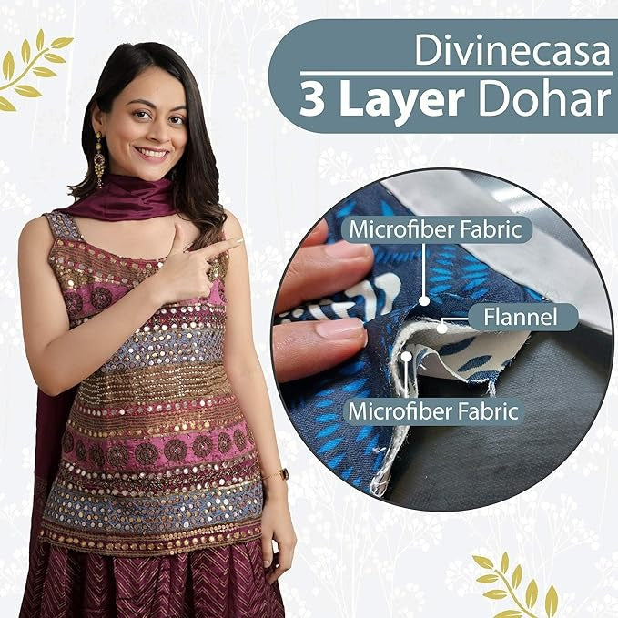 Divine Casa 120 GSM Microfiber Single Dohar Soft & Lightweight Throw Blanket Floral Branches Pattern Colour Teal & White