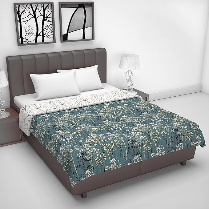 Divine Casa 120 GSM Microfiber Double Dohar Soft & Lightweight Throw Blanket Floral Branches Pattern Colour Teal & White