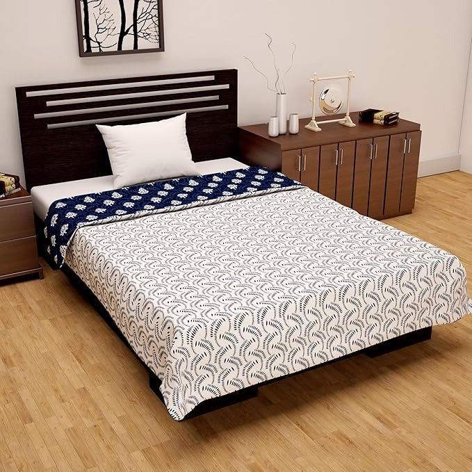 Divine Casa Microfiber 120 GSM Reversible Lightweight Printed Single Bed AC Dohar Blanket TC - 120 Colour Navy Blue and White