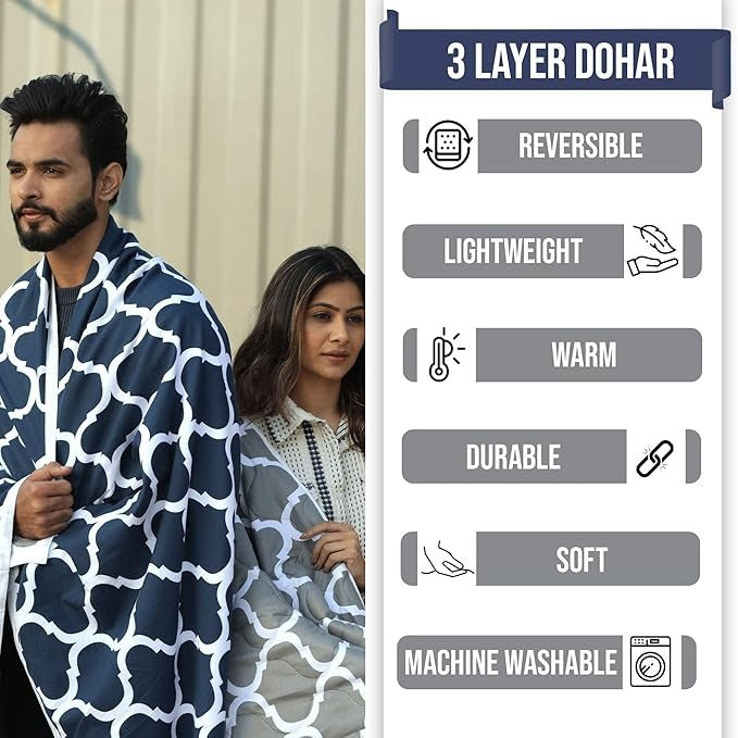 Divine Casa 120 GSM Microfiber Single Dohar Soft & Lightweight Throw Blanket Moroccan Pattern Colour Deep Blue