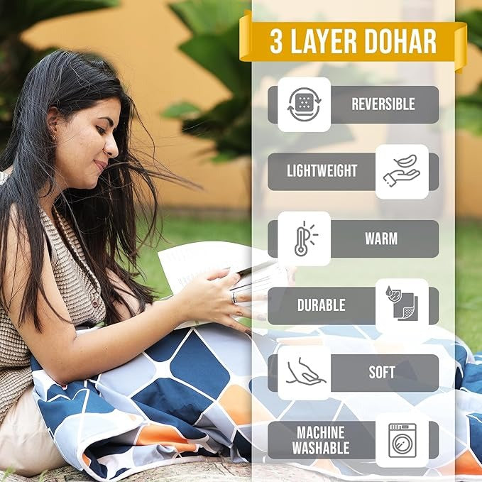 Divine Casa 120 GSM Microfiber Double Dohar Soft & Lightweight Throw Blanket Geometric Pattern Colour Blue-Grey & Orange