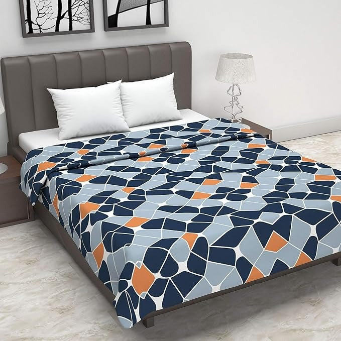 Divine Casa 120 GSM Microfiber Double Dohar Soft & Lightweight Throw Blanket Geometric Pattern Colour Blue-Grey & Orange