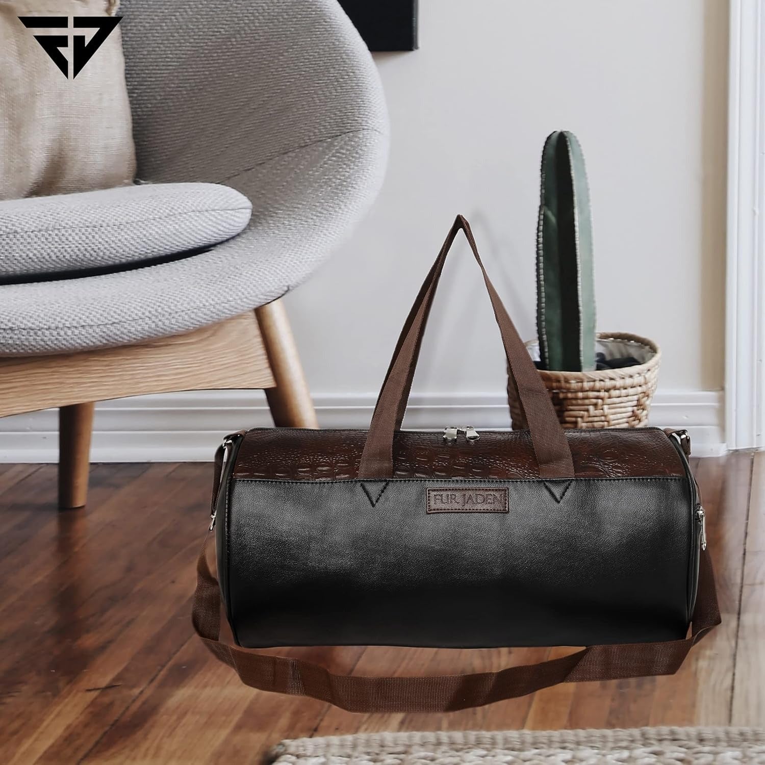 Fur Jaden Tan Leatherette Gym Bag for Men Women Boys Girls Travel Duffle Weekender Bag 23L
