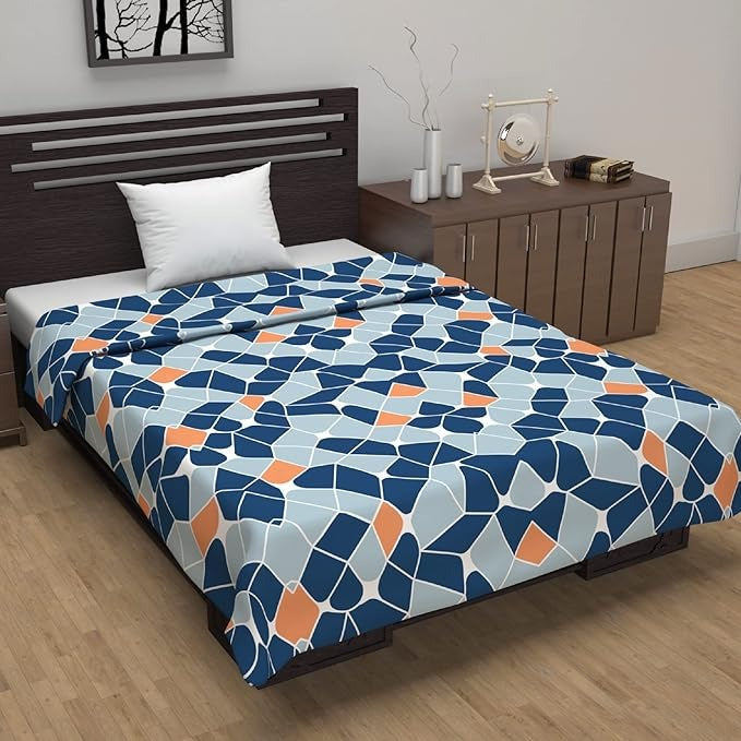 Divine Casa 120 GSM Microfiber Single Dohar Soft & Lightweight Throw Blanket Geometric Pattern Colour Blue-Grey & Orange