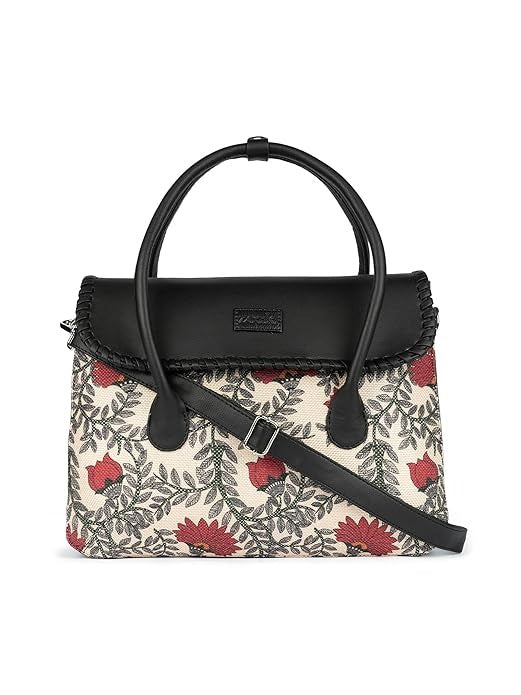 Zouk Printed Jute Handcrafted Vegan Leather & Jute Multicolor Women's Satchel Bag