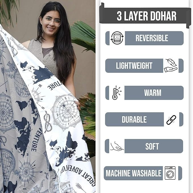 Divine Casa 120 GSM Microfiber Single Dohar Soft & Lightweight Throw Blanket Geographic Pattern Colour Stonewash Grey