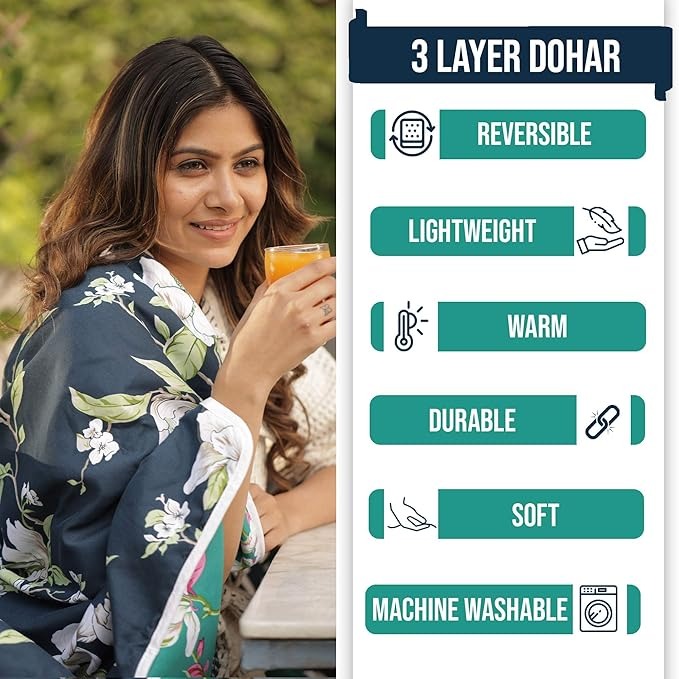 Divine Casa 120 GSM Microfiber Double Dohar Soft & Lightweight Throw Blanket Floral Pattern Colour Bristol Blue