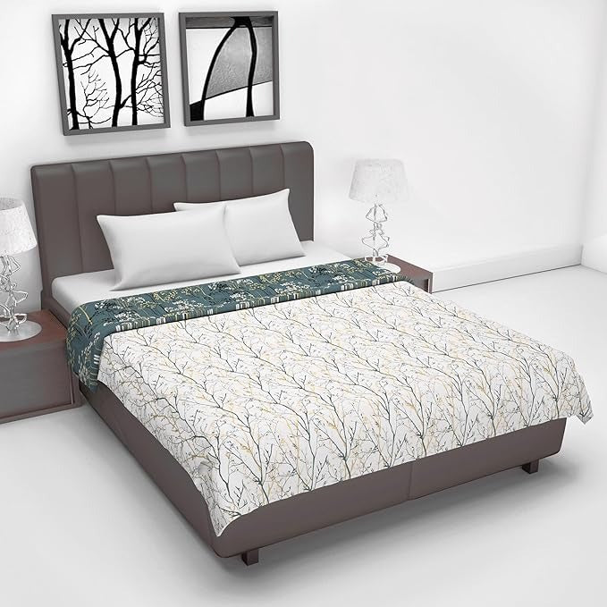 Divine Casa 120 GSM Microfiber Double Dohar Soft & Lightweight Throw Blanket Floral Branches Pattern Colour Teal & White