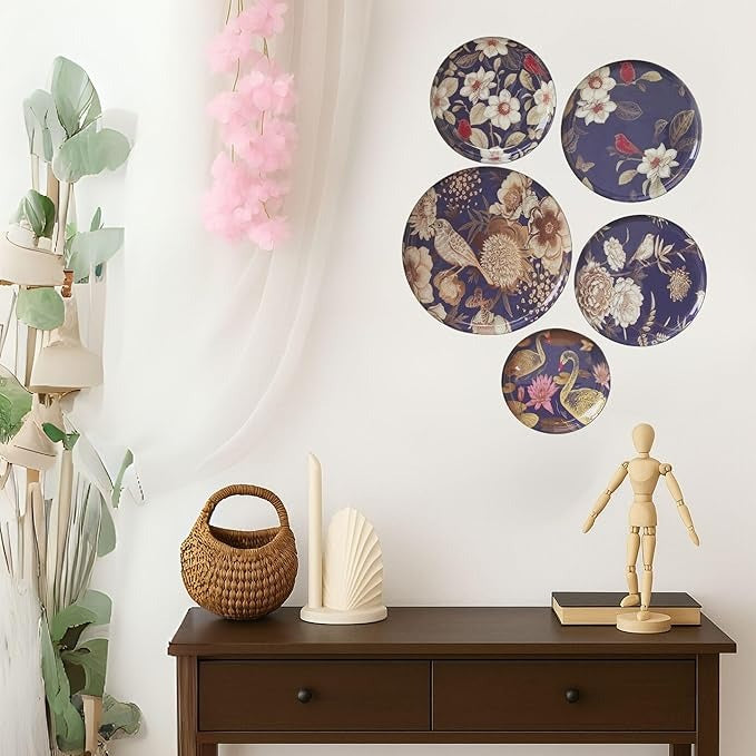 Ritualistic Oriental Blooms Wall Plates for Home Decoration Wall Decor Set of 5 Plates