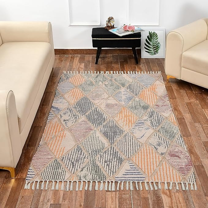 Homadorn Handmade Sustainable Printed Modern Dhurrie/Rugs/Carpet Colour Multicolor 023